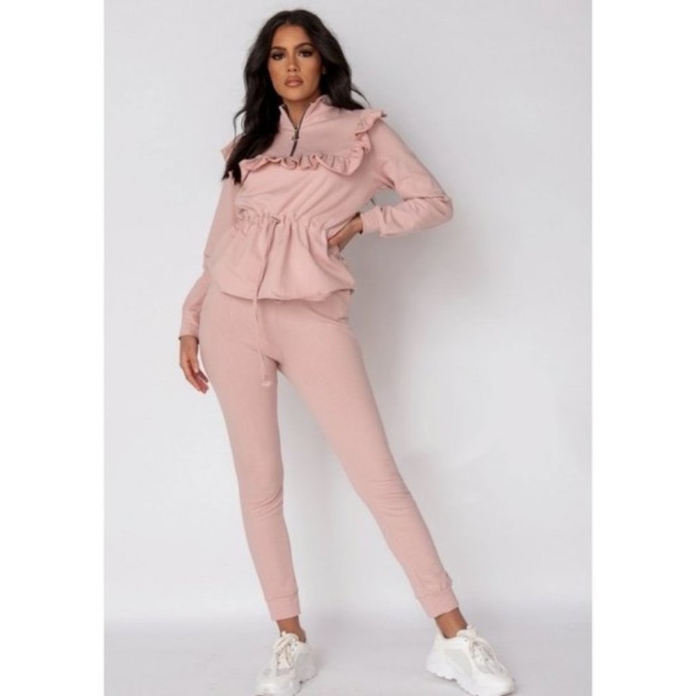 Pink Long Sleeve High Neck Frill Detail Top and Jogger Pants Two Piece Set